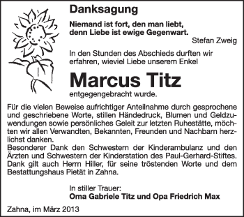 Traueranzeige von Marcus Titz von Super Sonntag Wittenberg