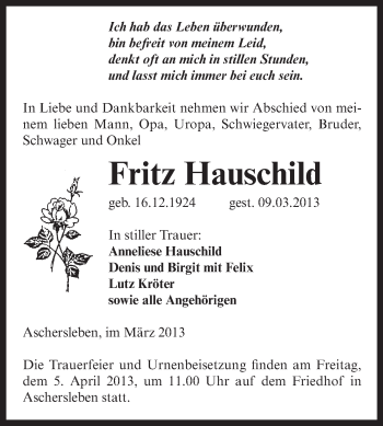 Traueranzeige von Fritz Hauschild von WVG - Wochenspiegel Aschersleben