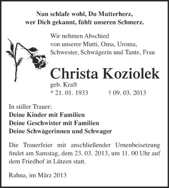 Traueranzeige von Christa Koziolek von Super Sonntag Merseburg