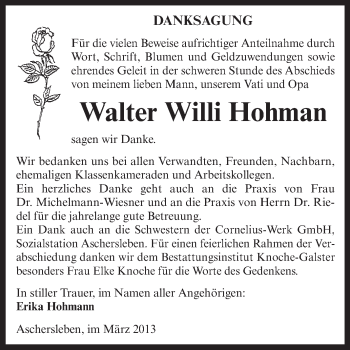 Traueranzeige von Walter Willi Hohman von WVG - Wochenspiegel Aschersleben