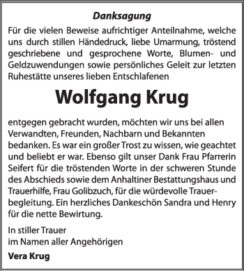 Traueranzeige von Wolfgang Krug von Super Sonntag Dessau / Köthen