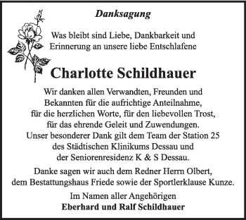 Traueranzeige von Charlotte Schildhauer von Super Sonntag Dessau / Köthen