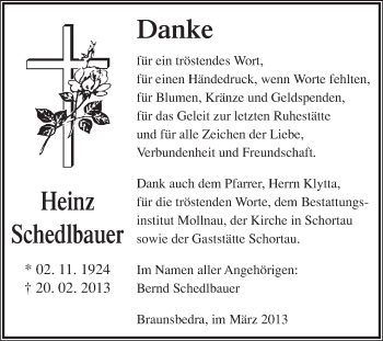 Traueranzeige von Heinz Schedlbauer von WVG - Wochenspiegel Merseburg