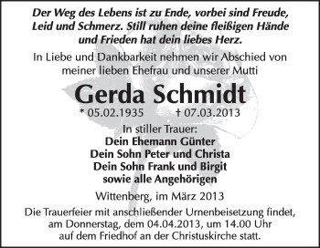 Traueranzeige von Gerda Schmidt von WVG - Wochenspiegel Wittenberg