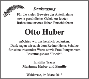 Traueranzeige von Otto Huber von Super Sonntag Dessau / Köthen