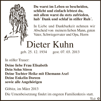 Traueranzeige von Dieter Kuhn von Super Sonntag Zeitz