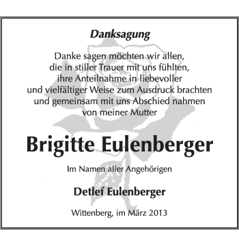 Traueranzeige von Brigitte Eulenberger von Super Sonntag Wittenberg