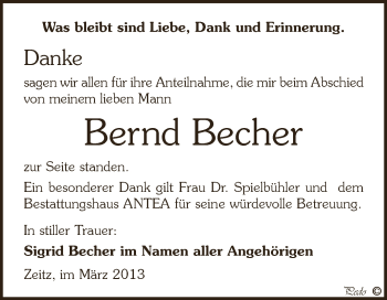 Traueranzeige von Bernd Becher von Super Sonntag Zeitz