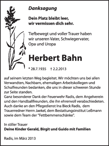 Traueranzeige von Herbert Bahn von WVG - Wochenspiegel Wittenberg