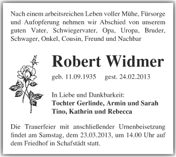 Traueranzeige von Robert Widmer von Super Sonntag Merseburg
