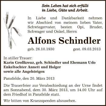 Traueranzeige von Alfons Schindler von Wochenspiegel Mansfelder Land