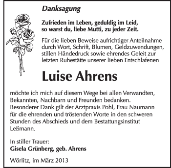 Traueranzeige von Luise Ahrens von WVG - Wochenspiegel Wittenberg