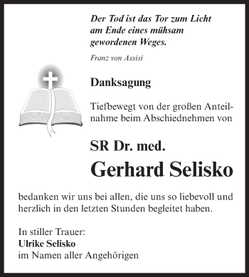 Traueranzeige von Gerhard Selisko von WVG - Wochenspiegel Aschersleben