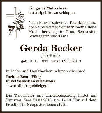Traueranzeige von Gerda Becker von Super Sonntag Bernburg