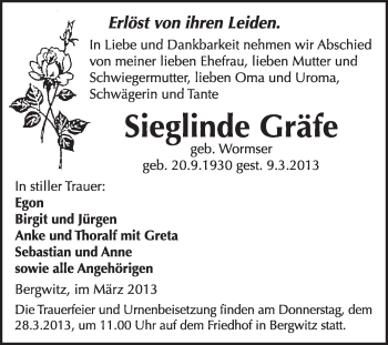 Traueranzeige von Sieglinde Gräfe von WVG - Wochenspiegel Wittenberg