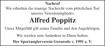 Traueranzeige von Alfred Poppitz von Super Sonntag Quedlinburg