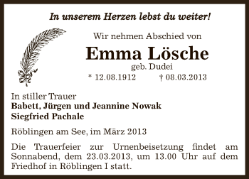 Traueranzeige von Emma Lösche von Wochenspiegel Mansfelder Land