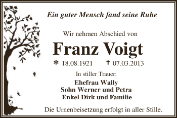 Traueranzeige von Franz Voigt von WVG - Wochenspiegel Dessau / Köthen