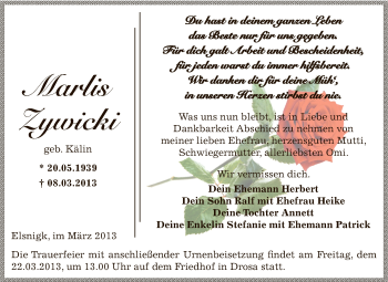 Traueranzeige von Marlis Zywicki von WVG - Wochenspiegel Dessau / Köthen