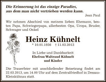 Traueranzeige von Heinz Kühnelt von WVG - Wochenspiegel Dessau / Köthen