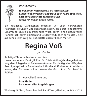 Traueranzeige von Regina Voß von WVG - Wochenspiegel NMB / WSF / ZTZ