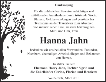 Traueranzeige von Hanna Jahn von WVG - Wochenspiegel NMB / WSF / ZTZ