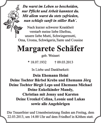 Traueranzeige von Margarete Schäfer von Super Sonntag Dessau / Köthen