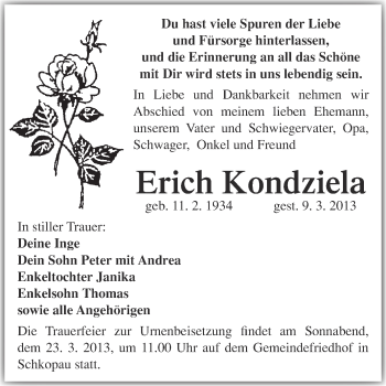 Traueranzeige von Erich Kondziela von Super Sonntag Merseburg