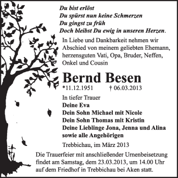 Traueranzeige von Bernd Besen von Super Sonntag Dessau / Köthen