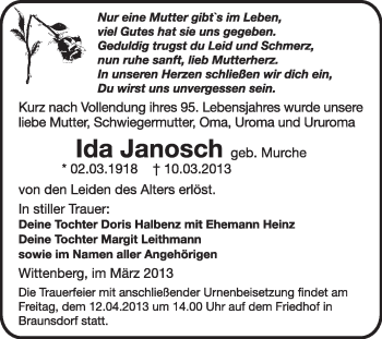Traueranzeige von Ida Janosch von WVG - Wochenspiegel Wittenberg