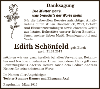 Traueranzeige von Edith Schönfeld von WVG - Wochenspiegel Dessau / Köthen