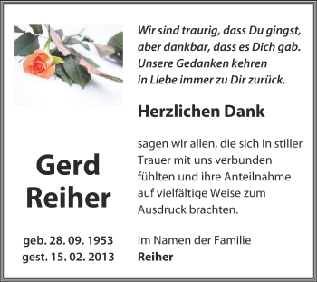 Traueranzeige von Gerd Reiher von WVG - Wochenspiegel NMB / WSF / ZTZ