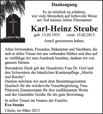 Traueranzeige von Karl-Heinz Steube von Super Sonntag Dessau / Köthen