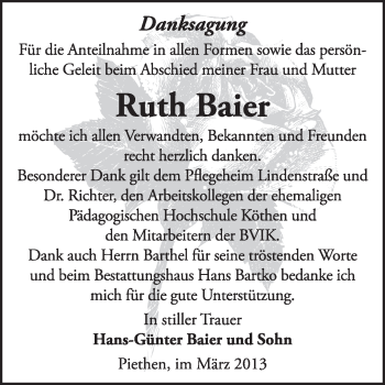 Traueranzeige von Ruth Baier von Super Sonntag Dessau / Köthen