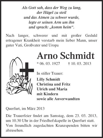 Traueranzeige von Arno Schmidt von WVG - Wochenspiegel Merseburg
