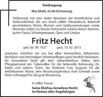Traueranzeige von Fritz Hecht von WVG - Wochenspiegel NMB / WSF / ZTZ