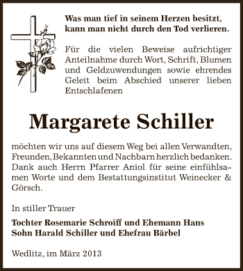 Traueranzeige von Margarete Schiller von Super Sonntag Bernburg