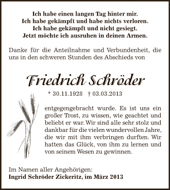 Traueranzeige von Friedrich Schröder von Super Sonntag Bernburg