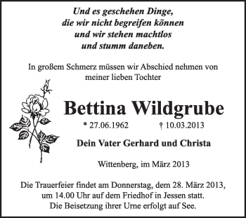 Traueranzeige von Bettina Wildgrube von WVG - Wochenspiegel Wittenberg