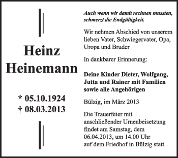Traueranzeige von Heinz Heinemann von Super Sonntag Wittenberg