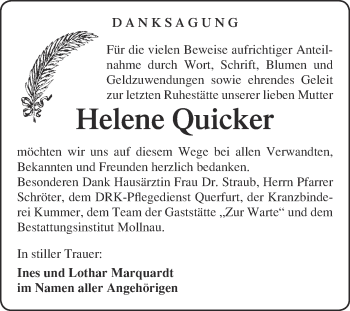 Traueranzeige von Helene Quicker von WVG - Wochenspiegel Merseburg