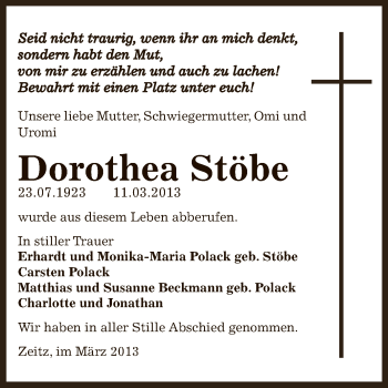 Traueranzeige von Dorothea Stöbe von Super Sonntag Zeitz