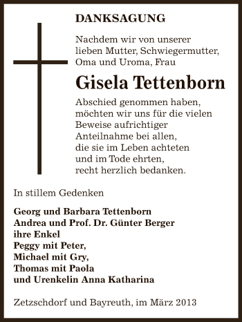 Traueranzeige von Gisela Tettenborn von Super Sonntag Zeitz