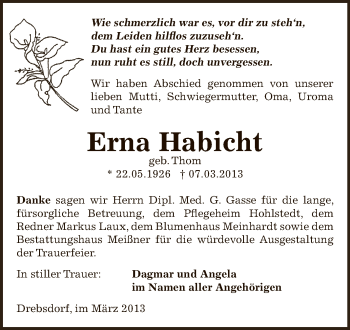 Traueranzeige von Erna Habicht von Super Sonntag SGH Mansf. Land