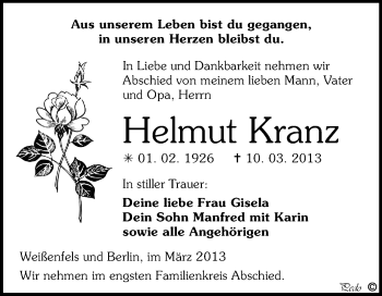 Traueranzeige von Helmut Kranz von WVG - Wochenspiegel NMB / WSF / ZTZ