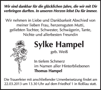 Traueranzeige von Sylke Hampel von Super Sonntag Dessau / Köthen