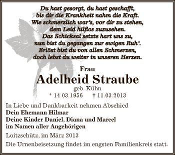 Traueranzeige von Adelheid Straube von Super Sonntag Zeitz