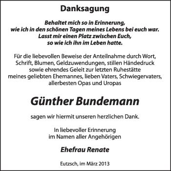 Traueranzeige von Günther Bundemann von Super Sonntag Wittenberg