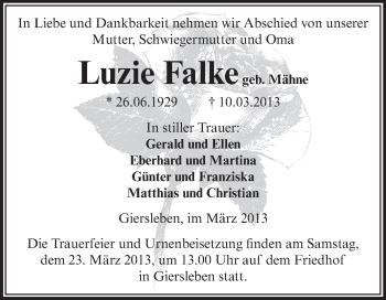 Traueranzeige von Luzie Falke von WVG - Wochenspiegel Aschersleben