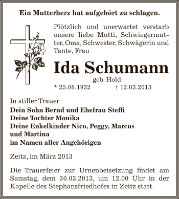 Traueranzeige von Ida Schumann von Super Sonntag Zeitz